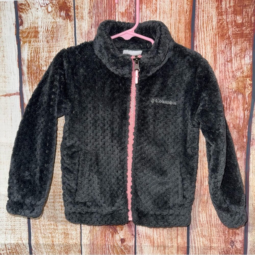 Columbia Fireside Sherpa Girls size 3T Gray Pink Fuzzy Jacket